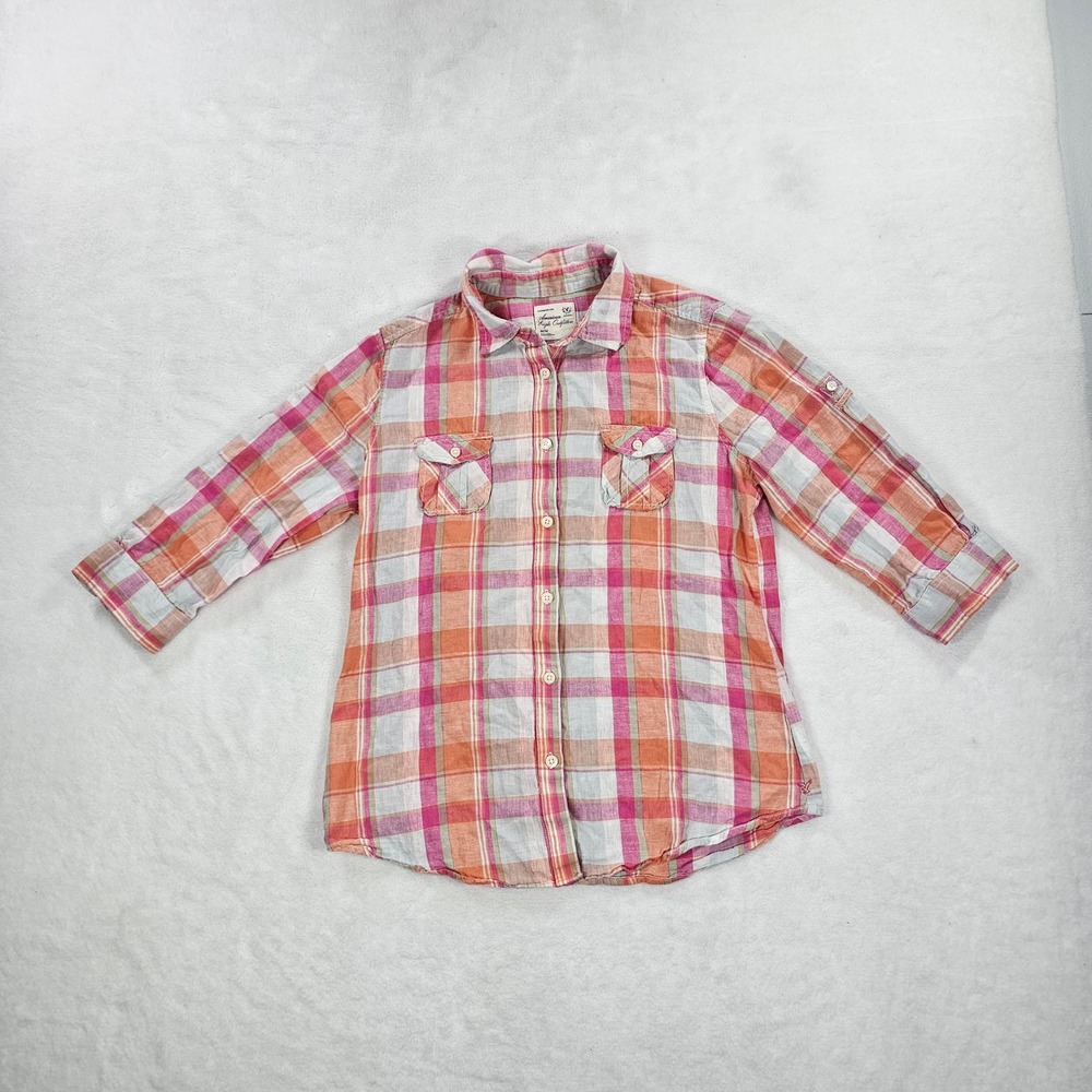 American Eagle Favorite Fit Plaid Linen Blend Roll Tab Shirt Pink Orange Medium